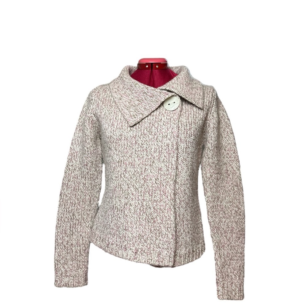 Retro nubbly-knit wool blend asymmetrical sweater with oversize button detail